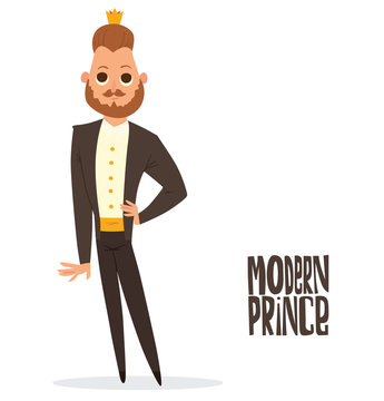 Vector cartoon image of a modern prince. Man with brown hair, mustache and beard. Man in black tuxedo, white shirt and gold crown. Prince standing on white background. Vector illustration of a prince.