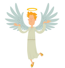 Vector cartoon image of a male angel. Male angel with blond curly hair in a white chasuble. Angel with big white wings and a golden halo over his head. Vector angel with eyes closed and hands raised.
