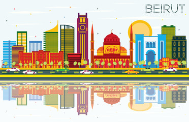 Fototapeta premium Bejrut Liban Skyline z kolorowymi budynkami, błękitnym niebem i odbiciami.