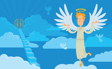 Vector cartoon image of a male angel on a background of heaven. Angel with blond curly hair in a white chasuble. Blue background with clouds, angels, stairs and gates. Angel with a halo over his head.