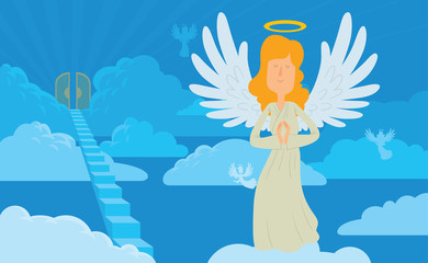 Vector cartoon image of a female angel on a background of heaven. Angel with long blond hair in a white chasuble. Blue background with clouds, angels, stairs and gates. Angel with a halo over her head