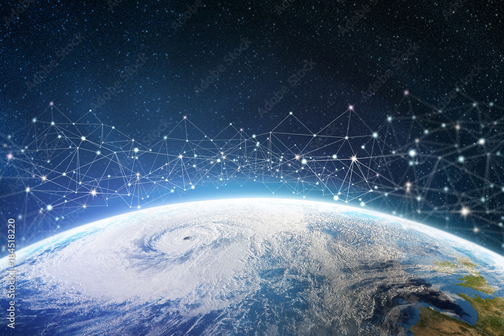 Poster global information network over the planet. earth is surrounded by digital data. elements of this im