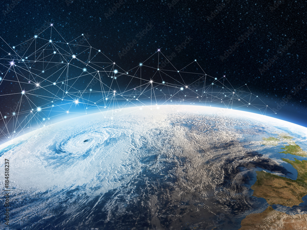 Fototapete global communication network across the planet earth. storage of data in the cloud storage. a look f