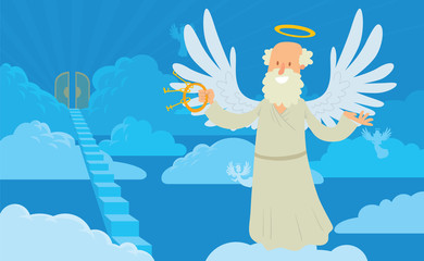 Vector cartoon image of a old male angel on a background of heaven. Old male angel with gray hair and beard, halo, with keys, in a white chasuble. Blue background with clouds, angels, stairs and gates