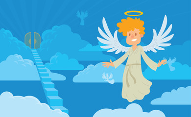 Vector cartoon image of a little male angel on a background of heaven. Little male angel with blond hair in a white chasuble. Blue background with clouds, angels, stairs and gates. Angel with halo.