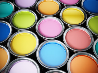 Multi colored paint cans background. 3D illustration