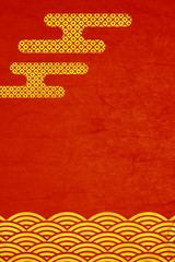 年賀状赤い和紙素材-金箔波と雲柄縦位置