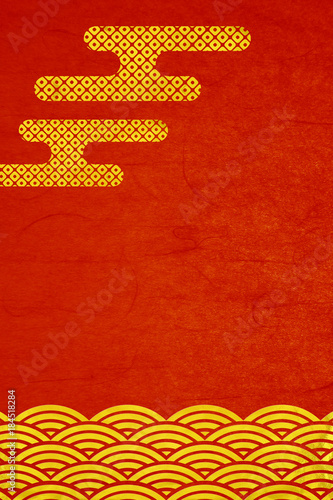 年賀状赤い和紙素材 金箔波と雲柄縦位置 Poster Posters Rrice 年賀状赤い和紙素材 金箔波と雲柄縦位置 Poster Posters Rrice