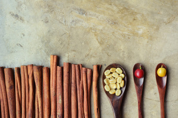 fresh coffee beans in wooden spoon with cinnamon for background