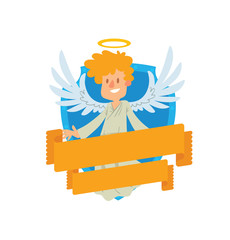 Vector image of emblem in the form of a blue shield and yellow banner. Emblem with cartoon little male angel with blond hair. Angel in white chasuble, with gold halo over head. Emblem with angel.