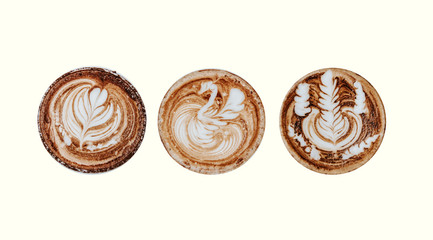 Coffee latte art cappuccino foam set isolated on white background. Top view of hot coffee cappucino cup isolated on white background, clipping path included. Top view latte art coffee