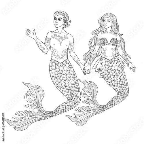 "Mermaid vector illustration for adult coloring book. Young man and a ...