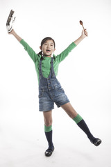 girl(kid) hand hold a wood spoon isolated on the white background.