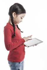 girl(kid) hand hold a tablet pc(pad) isolated on the white background.