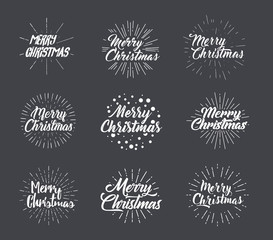 Merry Christmas. Typography set. Vector illustration glittering lettering design. Usable for banners, greeting cards, gifts etc. Xmas composition with light rays.