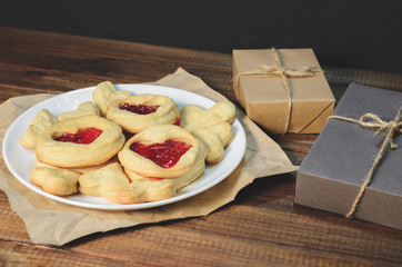 Cookies in the shape of hearts and gifts Valentine's day, top view