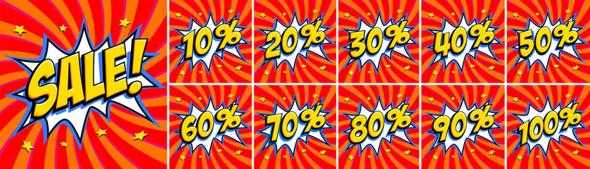 Big red sale set. Sale inscription and all percent numbers. Yellow and red colors. Pop-art comics style web banners, flash animation, stickers, tags.