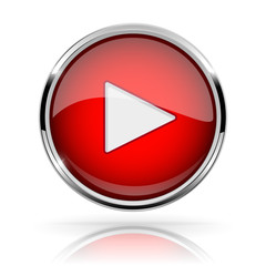 Red round media button. PLAY button. Shiny icon with chrome frame and with reflection