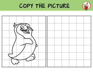 Fototapeta premium Funny penguin. Copy the picture. Coloring book. Educational game for children. Cartoon vector illustration