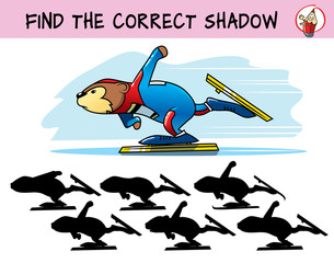 Skater. Find the correct shadow. Educational matching game for children. Cartoon vector illustration