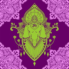 Ganesha (God of success) mandala oriental drawing tattoo illustration vector seamless pattern with violet and green tone