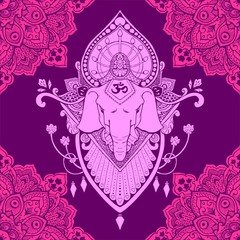 Ganesha (God of success) mandala oriental drawing tattoo illustration vector seamless pattern violet tone