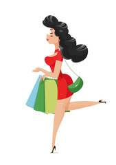 Shopping. Girl with bags. Isolated white background. Vector