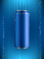 blue Aluminum can with drink in liquid with bubbles of gas on background with backlight