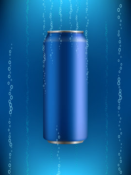 blue Aluminum can with drink in liquid with bubbles of gas on background with backlight