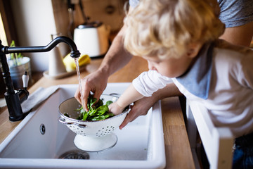 Young father with a toddler boy cooking.