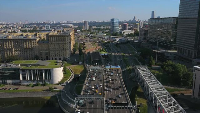 moscow city day time traffic road junction intersection aerial panorama 4k russia

