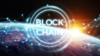 Blockchain on planet Earth 3D rendering