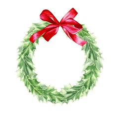 Watercolor hand drawn Christmas wreath of holly leaves with red bow, isolated on white background. Winter holidays festive design.