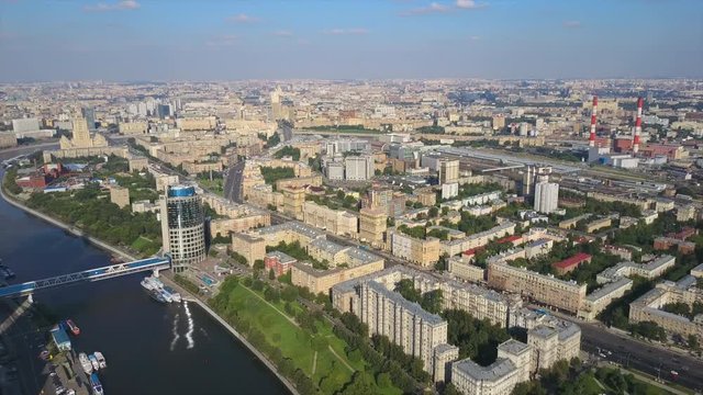 sunny day moscow city river bay famous hotel buildings aerial panorama 4k russia
