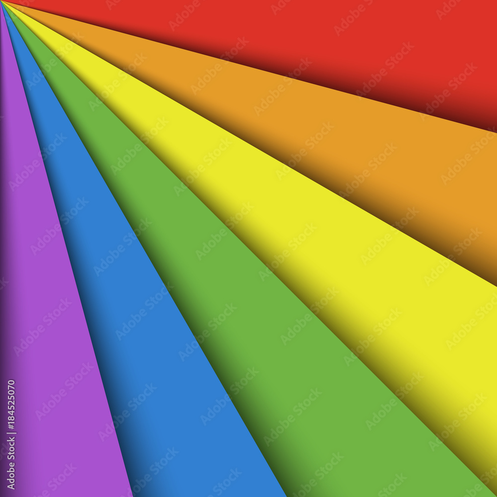 Poster overlapping colorful paper sheets in colors of rainbow spectrum arranged in a fan. with shadow effec