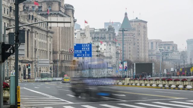 Timelapse.Waitan Bund with Traffic Stream,Shanghai,China