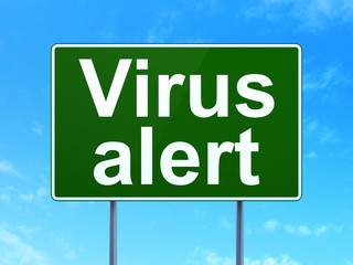 Privacy concept: Virus Alert on green road highway sign, clear blue sky background, 3D rendering