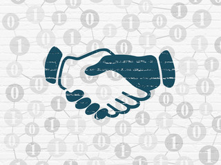 Business concept: Painted blue Handshake icon on White Brick wall background with Scheme Of Binary Code
