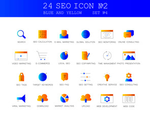Blue and yellow Line icons set. SEO pack. Vector illustration.
