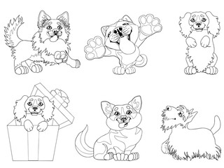 The set cute puppy dogs of a Border Collie, Cocker Spaniel, Akita Inu, Welsh Corgi and Scottish Terrier breeds. A black contour line on white. A vector cartoon illustration, page coloring book.