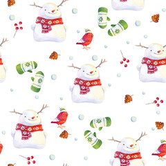 Materiał do szycia Watercolor seamless pattern with snowman, bird and mittens outdoor. Hand painted texture with cute winter symbols isolated on white background