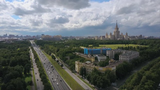 sunny day moscow city traffic road university aerial panorama 4k russia
