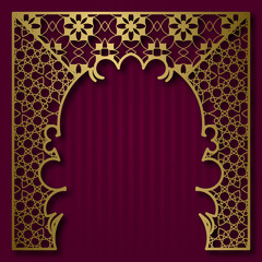 Vintage greeting card or album cover background with golden patterned arched frame