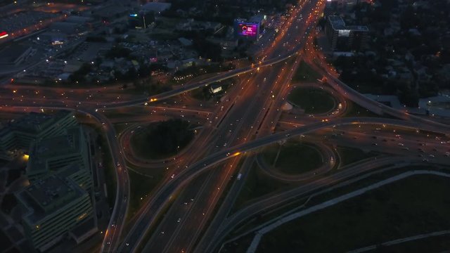 night time illumination moscow cityscape traffic intersection aerial panorama 4k russia
