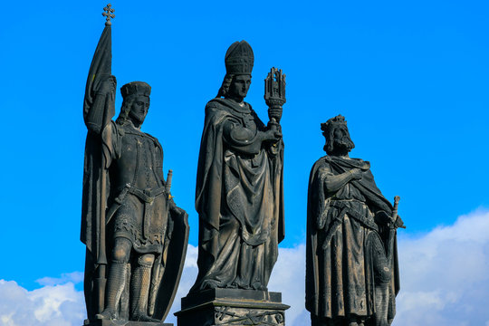Czech, Prague, gothic sculpture of the Saints Norbert, Wenceslaus and Sigismund on the Charles bridge. Prague, medieval art, statue of Saint on the bridge of King Charles.