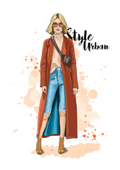 Fashion illustration. Stylish beautiful woman in coat and sunglasses. Fashion model posing. Hand drawn sketch. Vector.