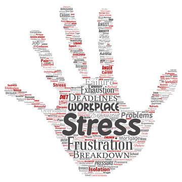 Vector conceptual mental stress at workplace or job pressure human hand print stamp word cloud isolated background. Collage of health, work, depression problem, exhaustion, breakdown, deadlines risk