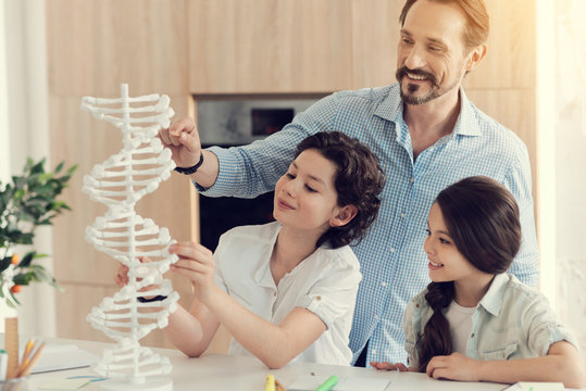 Important project. Positive handsome cheerful man standing behind his children and looking at the DNA model while helping them with the project