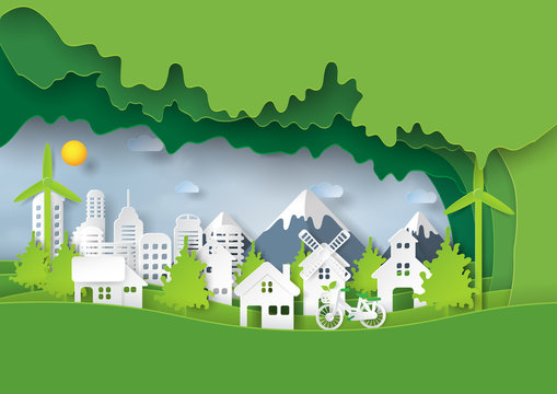 Green eco friendly and save energy concept design.Urban countryside and cityscape of environment conservation paper art style.Vector illustration.