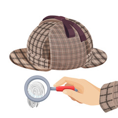 Vintage detective checkered hat and fingerprint under magnifier